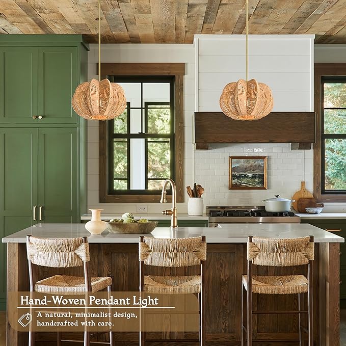 Rattan Pendant Light 12.6 in Hemp Rope Rattan Light Fixture Woven Pendant Wicker Chandelier Boho Chandelier for Hallyway