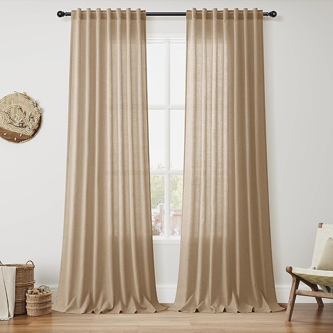Nanspring Sand Beige Curtains 90 Inches Long for Living Room Linen Blend Semi Sheer Simple Modern Light Filtering Curtains Back Tab Privacy Burlap Textured Curtain for Bedroom Office 52x90, 2 Panels
