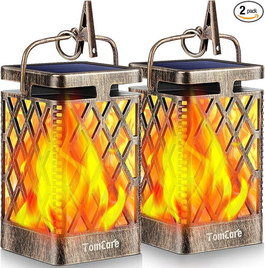 TomCare Solar Lights Outdoor Flickering Flame Solar Lantern Outdoor Hanging Lanterns Decorative Outdoor Lighting Solar Powered Waterproof LED Flame Lights for Patio Garden Deck, 2 Pack(Bronze)