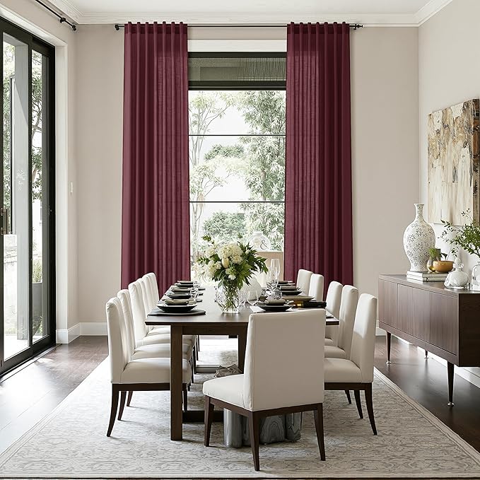Nanspring Burgundy Linen Curtains for Living Room 94 Inches Long Light Filtering Semi Sheer Curtain Back Tab Vintage Boho Decor Elegant Luxury Drapes for Bedroom Dinner Room 52x94, 2 Panels