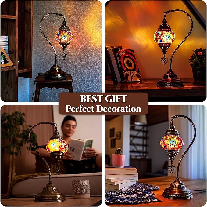 Turkish Moroccan Mosaic Table Lamp - Tiffany Handmade Colorful Mosaic Lamp, Decorative Glass Antique Bohemian Vintage Lamp Shade, Swan Neck Bedside and Table Desk Lamp,15 ½ inch