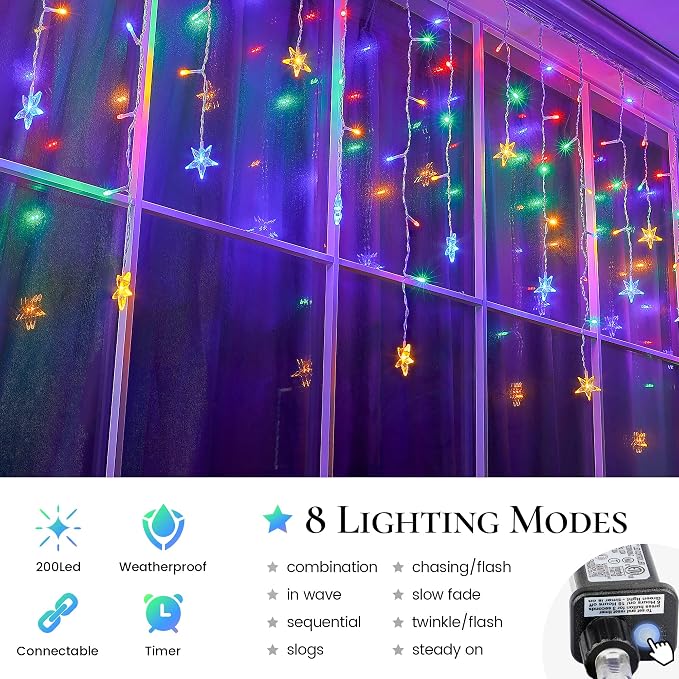 oopswow 200 LED Icicle Christmas Lights with Star,16.5FT Curtain Fairy Lights 40 Drops 8 Modes with Timer, Star Christmas Lights for Backdrop,Wedding,Patio,Christmas Decorations,Multicolor