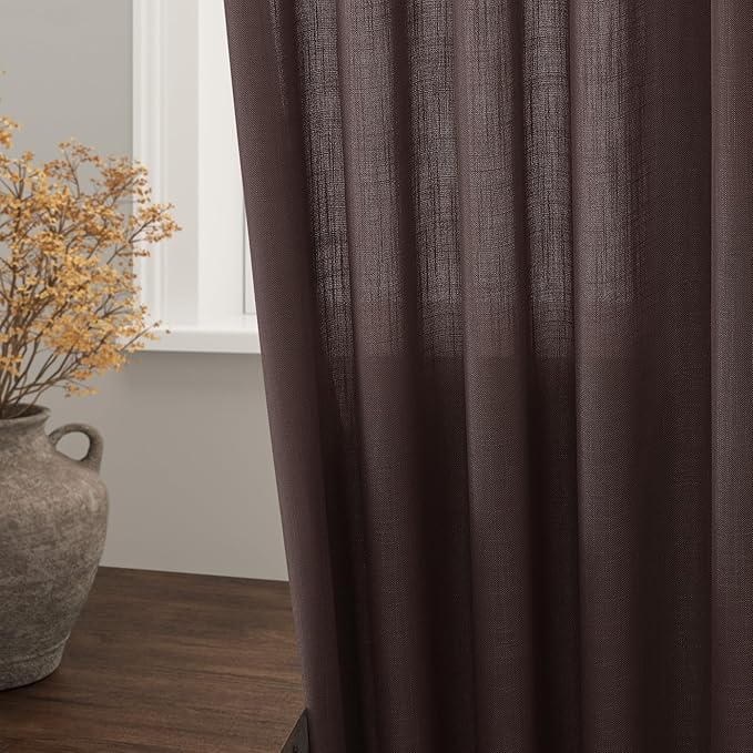 Coffee Linen Semi Sheer Curtains 120 Inches Long 2 Panels Set Back Tab Loop Pocket Linen Blend Boho Large Window Curtain Extra Long Light Filtering Drapes High Ceiling Curtains for Living Room 52x120