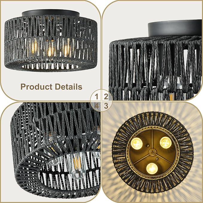 12.6”Rattan Flush Mount Ceiling Light Fixtures, 3-Light Boho Light Fixture Rattan Hand-Woven Chandelier Close to Ceiling Light Fixture for Bedroom Hallway Kitchen Dining Room Nursery(Black)
