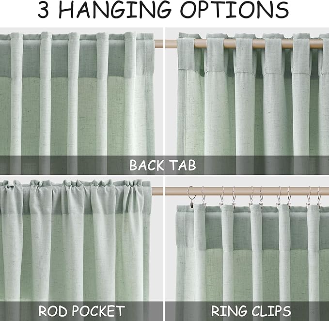 Nanspring Aqua Green Linen Curtains Semi Sheer 96 Inches Long 2 Panels Set for Living Room Back Tab Rod Pocket Light Filtering Drape for Bedroom Modern Farmhouse Coastal Decor Protect Privacy 52x96
