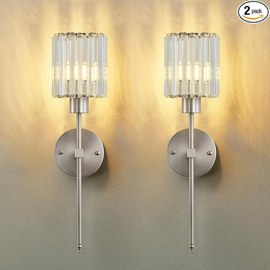 KARTOOSH Hardwired Crystal Wall Sconces Set of Two - Dimmable Wall Light Fixtures 3000K, Warm White, for Hallway, Bathroom, Living Room, Bedroom, Nickel, 20.1 Inch