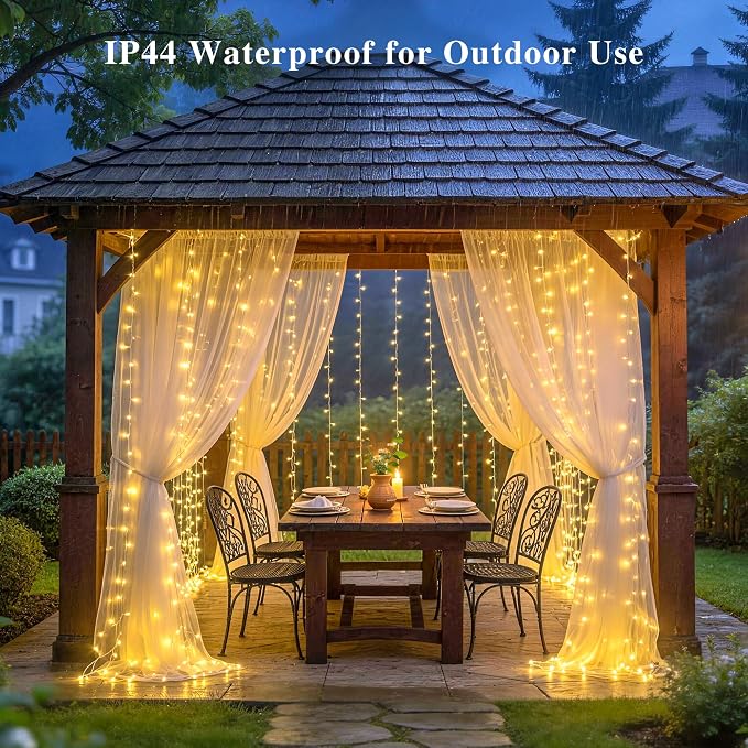 JMEXSUSS 200 LED Curtain Lights Battery Operated & USB Plug in, 8 Modes Warm White Curtain Hanging String Lights Indoor Outdoor for Bedroom Backdrop Wall Dorm Wedding Party Patio Christmas Decorations