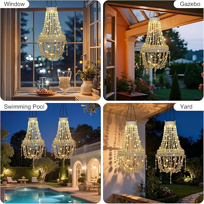 Hanging Solar Lantern Outdoor Chandelier, Waterproof Modern Crystal Acrylic Pendant Light with Warm White LED S Hook Gifts for Women Garden Decor Light for Gazebo, Patio, Yard, Party, Wedding