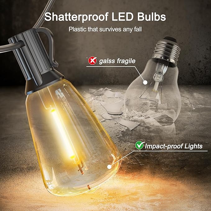 BLIATLUS 55FT Solar String Lights Outdoor Waterproof with Remote Control 15+2 Shatterproof LED ST38 Bulbs for Porch Garden Market Bistro Patio Backyard Fence