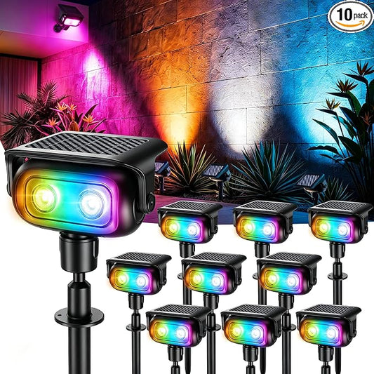 Brizled 10 Pack RGB Solar Spot Lights Outdoor, 360° Rotation 9 Colors & 11 Modes Color Changing Spotlights IP65 Waterproof Landscape Lights Solar Spot Landscaping Pathway Lighting for Path Garden Yard