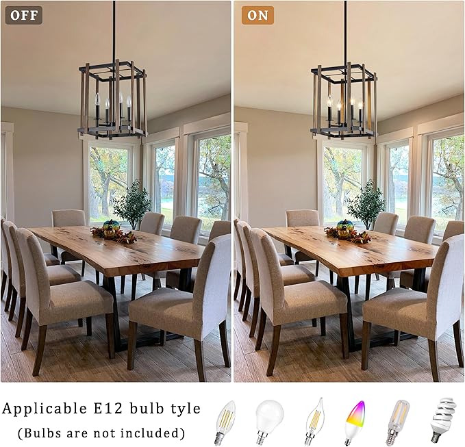 4-Light Farmhouse Chandelier Faux Wood Chandeliers Dining Room Light Fixture Adjustable Rustic Cage Pendant Light Fixtures for Kitchen Island Entryway Bedroom