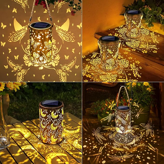 Toodour Solar Lantern Outdoor, Garden Gifts for Mom Grandma Women Hanging Solar Outdoor Lights Waterproof, Hollow Out Retro Metal Dragonfly Lights for Patio, Balcony, Walkway, Yard Decorations