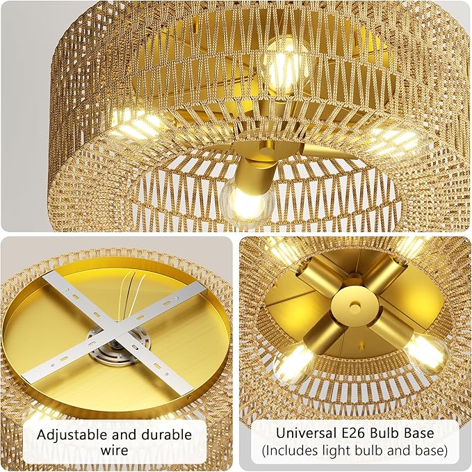 ROOMTEC 17.7" Rattan Flush Mount Ceiling Light, 4-Light Ceiling Fixture with Bulbs Included, Boho Woven Natural Fiber Dining Room Light for Bedroom Living Room Kitchen