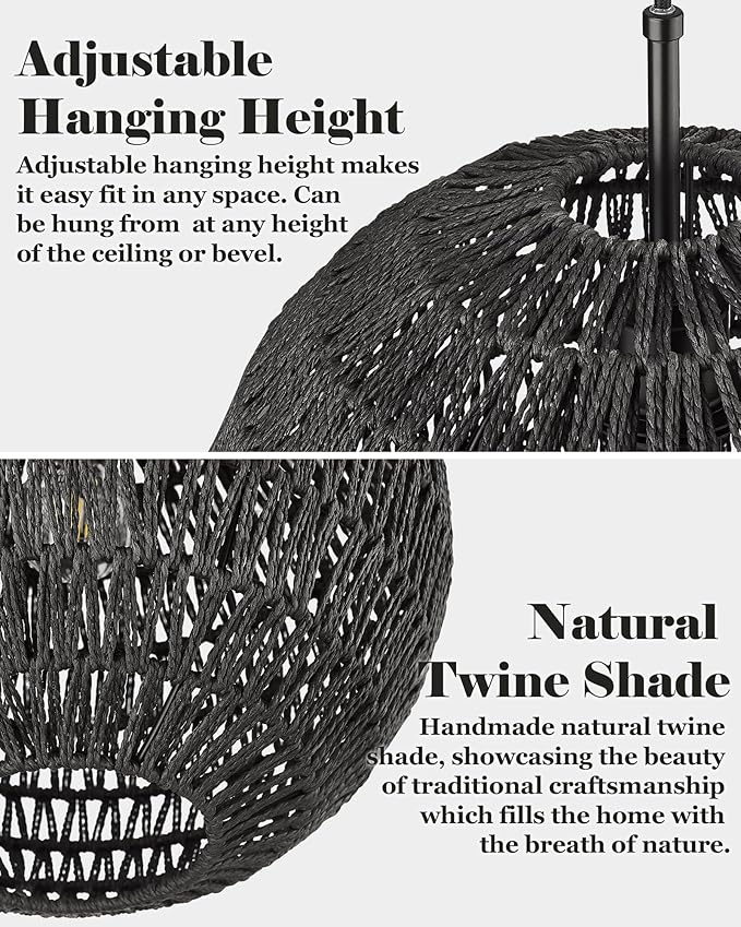 ELYONA Modern Woven Chandelier, 14" Large Boho Rattan Pendant Light Fixtures, Adjustable Globe Wicker Hanging Light for Dining Room Living Room Kitchen Island Farmhouse Foyer Bedroom Hallway, Black