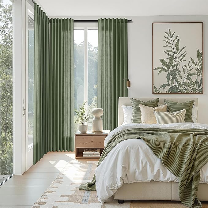 Nanspring Forest Green Linen Curtains 102 Inches Long for Living Room Light Filtering Semi Sheer Curtain Back Tab and Rod Pocket Wabi Sabi Boho Decor Drapes for Bedroom Office 52x102, 2 Panels