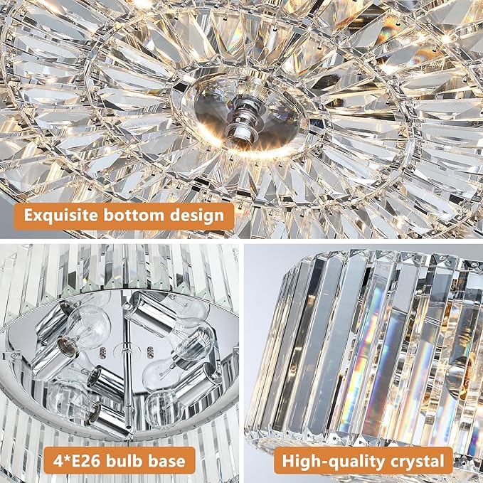 17.5" Large Crystal Ceiling Light, 4-Lights Flush Mount Crystal Ceiling Light, Chrome Ceiling Lamp Modern Chandelier for Bedroom, Dining Room,Living Room, XDD007-4-CH