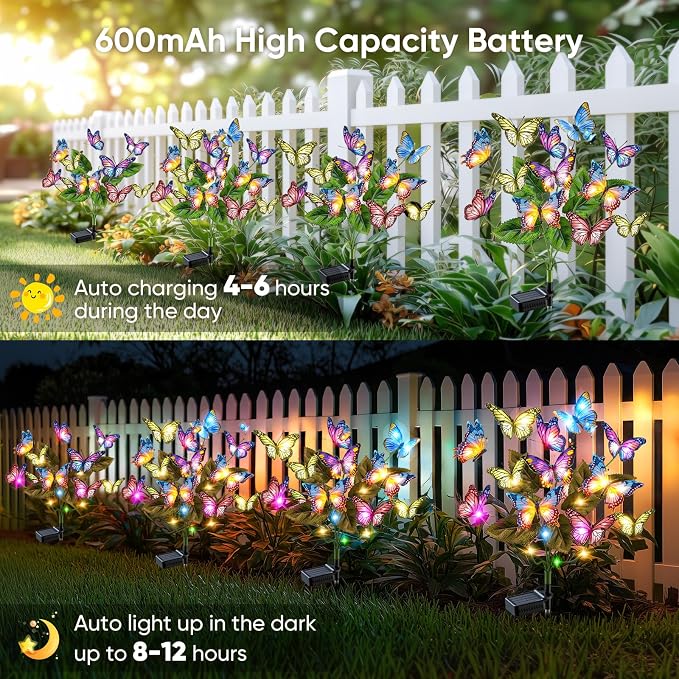 Solar Lights Outdoor Garden Decor: 8 Pack 136 Silk Butterflies with 176 Color-Changing LEDs - Auto On/Off 12H Magical Lighting IP65 Waterproof for Yard Patio Pathway - Unique Gifts for Mom Grandma