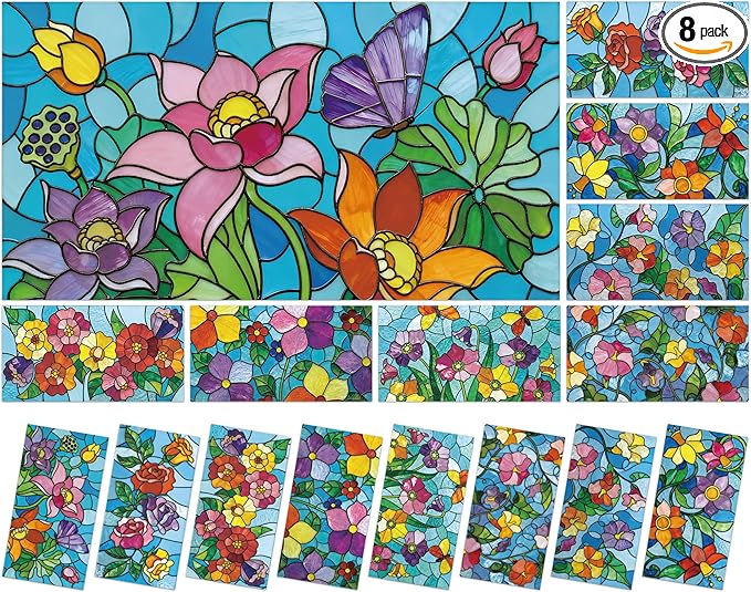 8Pcs Fluorescent Light Covers with 80 Magnets Decorative for Classroom Ceiling Lights 4x2Ft Magnetic Light Covers Filter Easy Install for Office Hospital Home Drop Ceiling Supply(Stained Glass Floral)