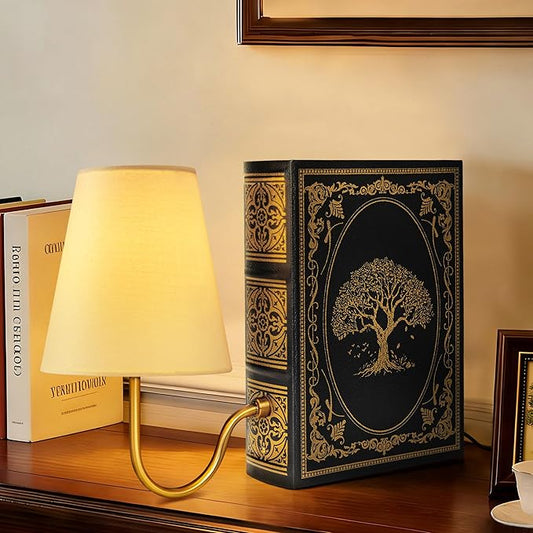 AELS Vintage Bookshelf Lamp with Bulb, Table Lamp with Linen Shade, 3-Color Dimmable Touch Control, Modern Farmhouse, Book Sconce for Office Home Bedroom Bookshelf, Tree of Life on Black & Gold