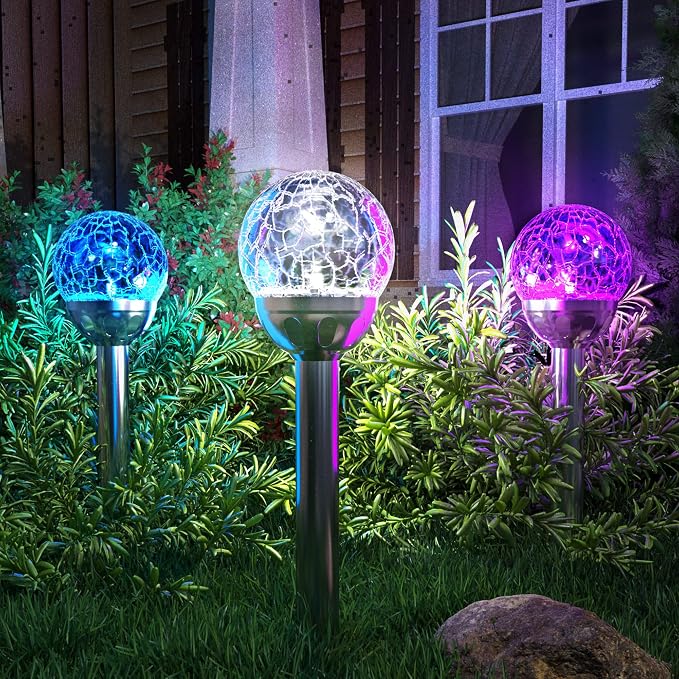 GIGALUMI Solar Outdoor, Cracked Glass Ball Solar Garden Lights, Color Changing Lights Outdoor,Garden LED for Path, Patio, Yard, 6 Pack Pathway