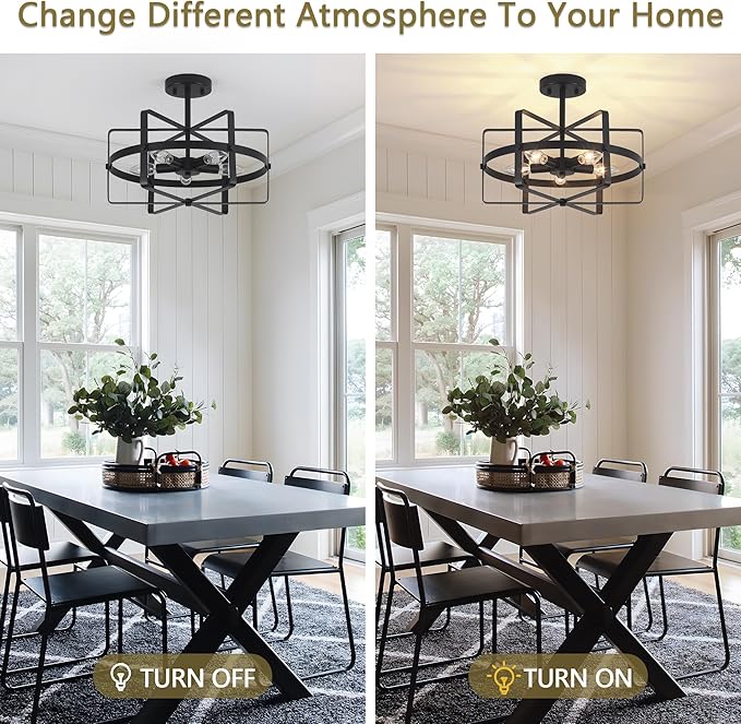 5-Light Modern Semi Flush Mount Ceiling Light, 12.6'' Black Farmhouse Flush Mount Ceiling Light Industrial Ceiling Light Fixture for Entryway Hallway Foyer Dining Room Kitchen Bedroom