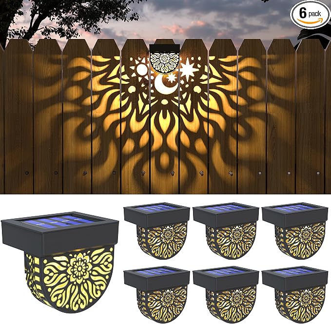 Gardsee Solar Fence Lights 6 Pack Solar Deck Lights Waterproof LED Solar Powered Step Light Wall Lights Outdoor Decorations Warm Yellow Light Decorative Lighting for Garden (Black)