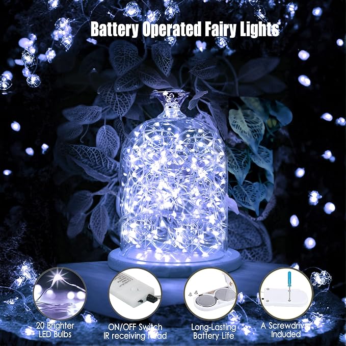 6 Pack Fairy Lights Battery Operated Mini String Lights with Timer 2PCS Remote - 6.5ft 20LED Cool White Firefly Light Waterproof Silver Wire Twinkle Light DIY Mason Jar Wedding Party Christmas Decor