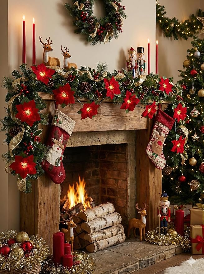 8.5FT Christmas LED Flower String Lights, Christmas Decorations Lights Outdoor with 10 LED Red and Green Flowers Bulbs, Plug in Flower Fairy Light for Valentines Wedding Garden Porch Floral Decor