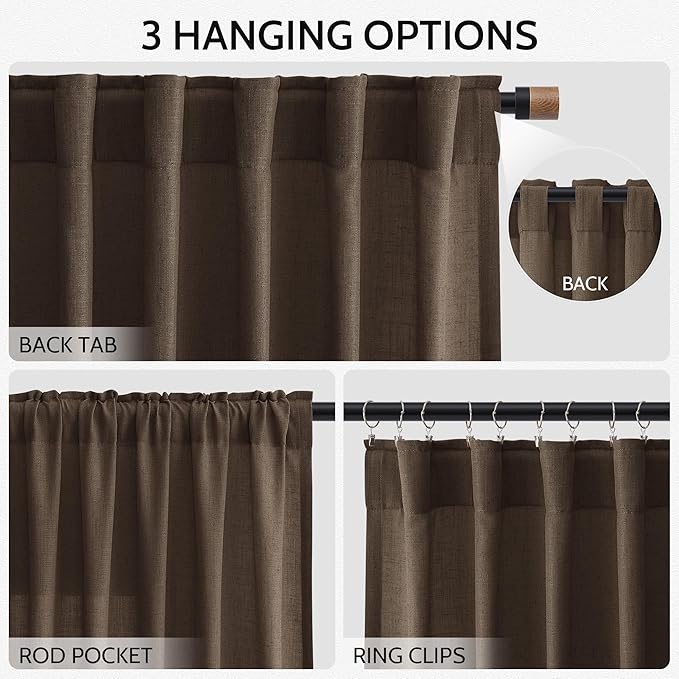 Chocolate Linen Curtains 90 Inch Long 2 Panels Set for Bedroom Living Room, Soft Linen Textured Window Drapes Semi Sheer Light Filtering Rod Pocket Back Tab Morden Style 52x90