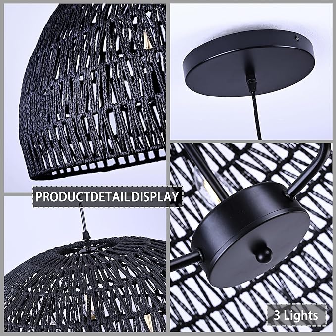24" Black Woven Pendant Light Boho Chandelier Dome Rustic Farmhouse Chandelier Wicker Pendant Light Rattan Light Fixture for Dining Room Living Room Bedroom Kitchen Island Foyer(Bulb Incl)