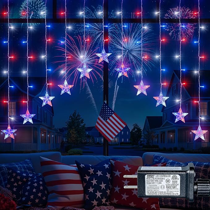 4th of July Patriotic Star Icicle Lights,red White and Blue Curtain String,11.5ft 118LED Waterproof 8 Modes with Timer Connectable Independence Day Decorations Window Lights for Outdoor Indoor