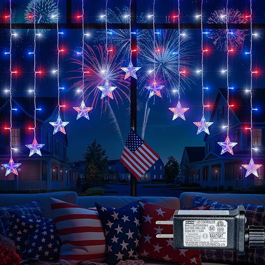 4th of July Patriotic Star Icicle Lights,red White and Blue Curtain String,11.5ft 118LED Waterproof 8 Modes with Timer Connectable Independence Day Decorations Window Lights for Outdoor Indoor