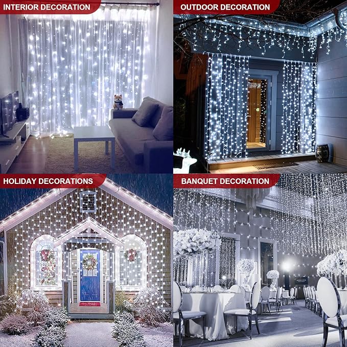 Oopswow 304L Curtain String Lights, 9.8ft x 9.8ft 8 Modes for Bedroom, Hanging Twinkle Fairy Plug-in Window Backdrop for Christmas Party Wedding Outdoor Indoor Wall Decor