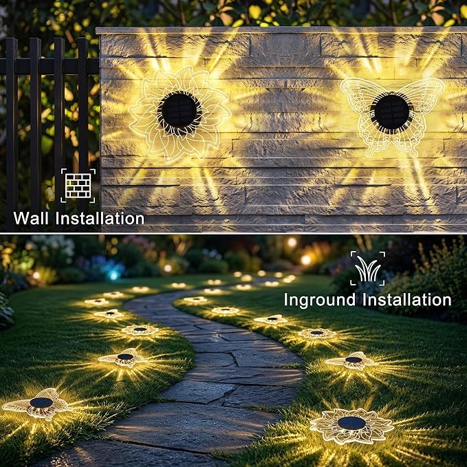 Brizled Solar Pathway Lights, 2 Pack Acrylic Butterfly & Flower Solar Lights Outdoor, LED Ground Light Warm White Garden Light Landscape Lighting Waterproof for Garden Yard Lawn Pathway Driveway Decor