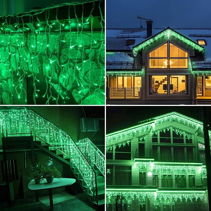 300LED Icicle Lights for Outside,Green Curtain Lights for St Patrick Day,8 Modes with 30V Plug in for Wedding, Party,Bedroom,Home,Garden,Outdoor,Indoor Wall,Christmas Decorations,Connectable