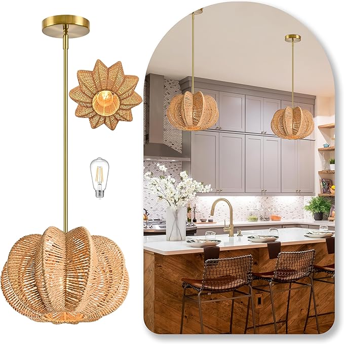 Rattan Pendant Light 12.6 in Hemp Rope Rattan Light Fixture Woven Pendant Wicker Chandelier Boho Chandelier for Hallyway