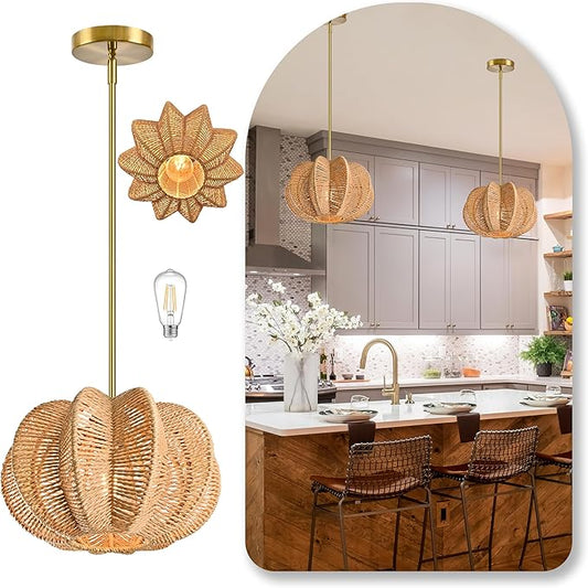 Rattan Pendant Light 12.6 in Hemp Rope Rattan Light Fixture Woven Pendant Wicker Chandelier Boho Chandelier for Hallyway