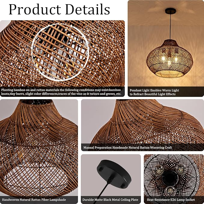 3-Light Dark Brown Rattan Pendant Light,18.9" Rustic Hanging Light,Round Curry Wicker Pendant Light Hand-Woven Rattan Chandelier for Workplace Dining Living Bedroom Kitchen Farmhouse