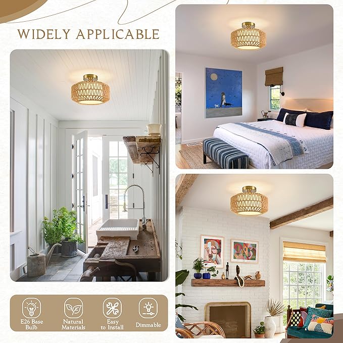 12.6 inch Natural Rattan Ceiling Light Fixture Boho Ceiling Light Hand-Woven Rattan Chandelier Fabric Shade Boho Chandelier for Dinning Room Kitchen (Bulb Incl.)