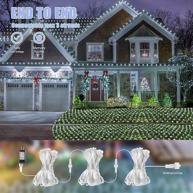 HEYFUNi Net Mesh Waterproof String Lights,360LED 13ft x 5ft Christmas Net Lights, 8 Modes,Connectable for Indoor Outdoor, Curtain,Garden,Christmas Tree, Bush, Party, Holiday, Wall Decor (White)