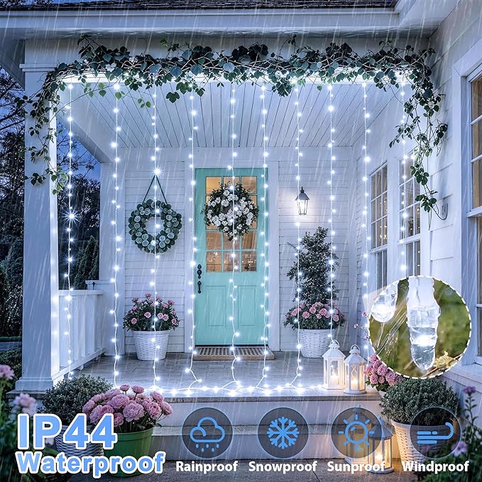 JMEXSUSS 9.5x29.5ft Curtain Lights Indoor Outdoor Decor with Remote, 900LED White Christmas Lights Plug in, Hanging String Lights for Bedroom, Wall, Window, Patio, Garden, Wedding, Reception, Backdrop