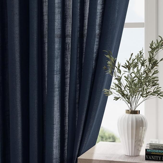 Linen Navy Blue Curtains 120 inch Extra Long for Living Room Back Tab Light Filtering Semi Sheer Drapes Modern Farmhouse Boho Decor Cotton Textured Curtain for Floor to Ceiling High Window 52x120