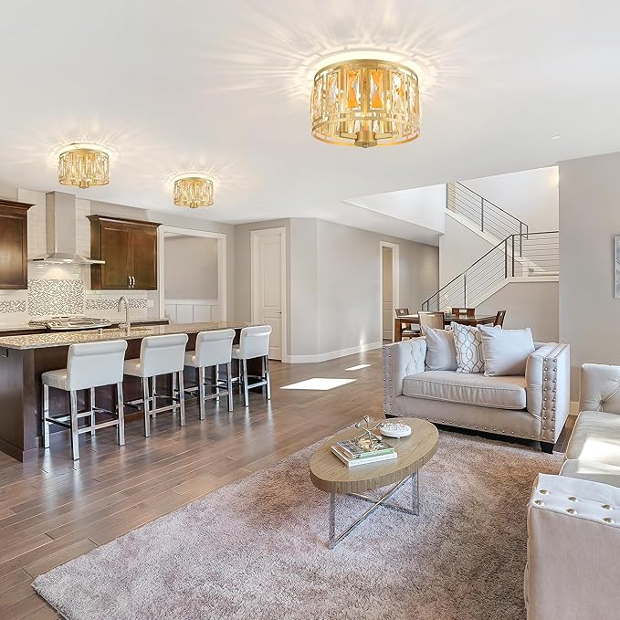 Crystal Flush Mount Ceiling Light, Gold Hallway Lights Ceiling Mounted Small Flush Chandelier for Bedroom Foyer