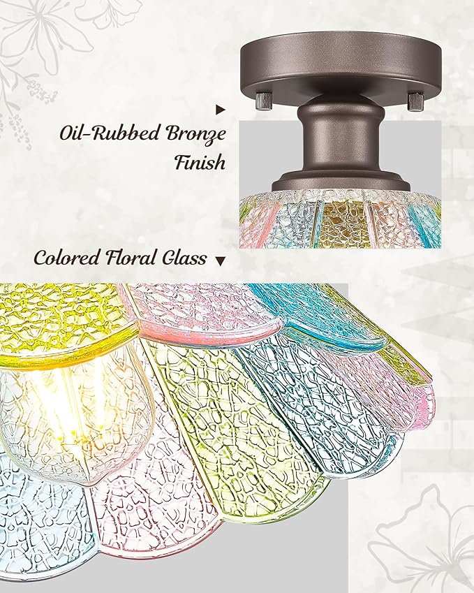 10 Inch Semi Flush Mount Ceiling Light Fixture, HWH Rustic Ceiling Light Fixture for Hallway Entryway with Colored Floral Glass, Oil-Rubbed Bronze Finish, 5HJX110F ORB-C
