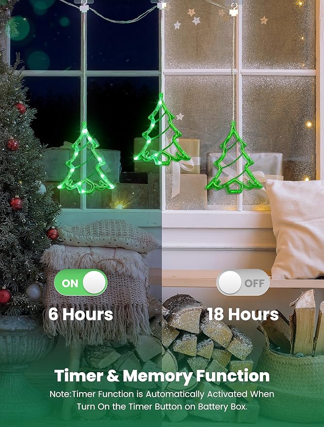 Christmas Window Lights,3 Pack 30LED Green Christmas Tree Light Battery Powered,Timer Memory Hanging Silhouette Xmas Twinkle Light 8 Mode for Wall,Bedroom,Indoor Outdoor Christmas Decoration