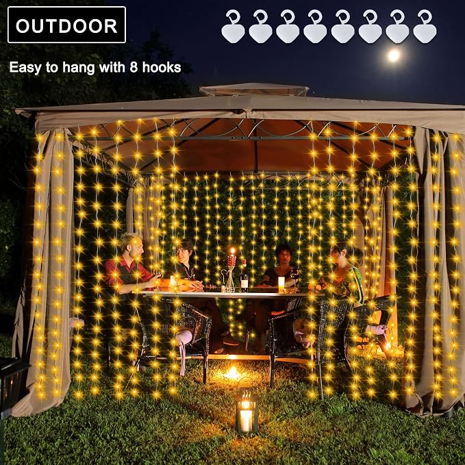 echosari Solar Curtain Lights 7.9ft x 6ft 144 LED Outdoor Curtain Lights Waterproof with Timer 8 Modes for Christmas Garden Patio Fence Wedding Wall Window Gazebo Decor - Warm White