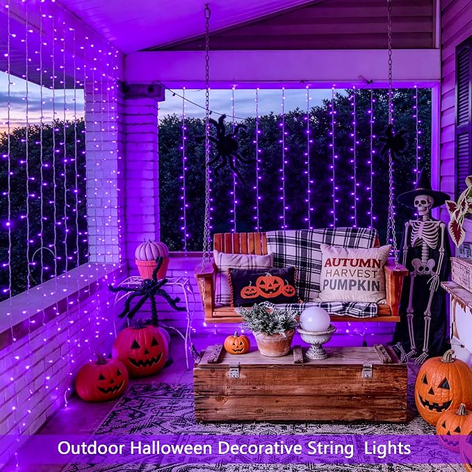 JMEXSUSS 200 LED Purple Halloween Lights, 6.5ft x 6.5ft Halloween Curtain Lights with Remote, 8 Modes USB Purple Curtain String Lights for Bedroom Party Halloween Decorations