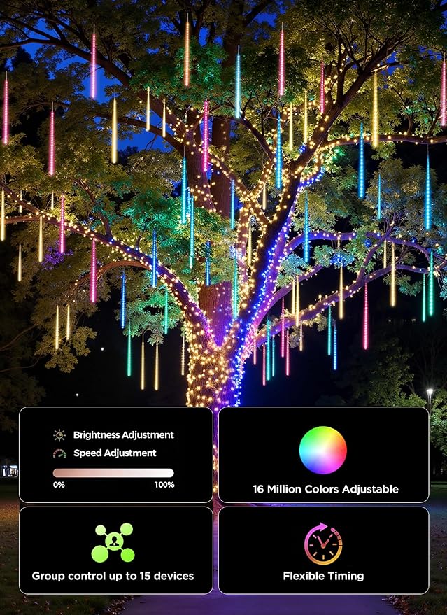 Smart Meteor Shower Rain Lights, 24Tube 384LED 37.7ft Color Changing Icicle Christmas Lights Outdoor Outside, APP Controlled RGB Customize Display DIY Dynamic Lighting Effect