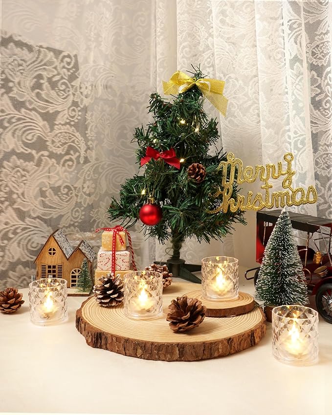 Homemory 2" x 2" Acrylic Votive Candle Holders with Auto Timer Flameless Led Tealight, Battery Powered Fake Electric Candles for Wedding Centerpiece, Table, Christmas Decor (6Pack, Clear Base)