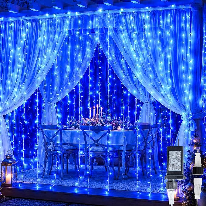 HEYFUNi Curtain Lights,304LED 9.8ftX9.8ft 30V 8Modes Safety Window Lights with Memory for Home Wedding Christmas Party Patio Lawn Garden Bedroom Outdoor Indoor Wall Decorations (304 LED, Blue)